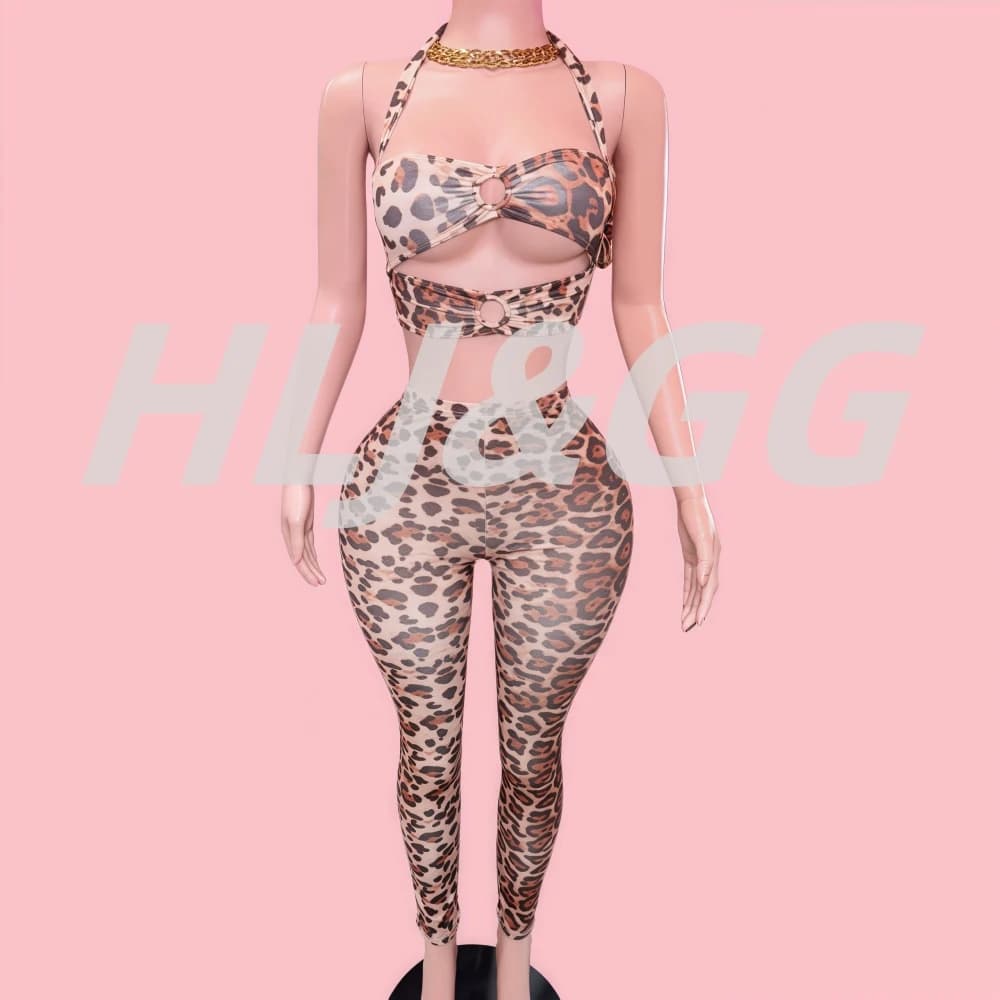 HLJ Set da 2 pezzi con stampa leopardata sexy Completo da donna Fasciatura senza schienale Patchwork Crop Top + Pantaloni Abbigliamento streetwear femminile 2025
