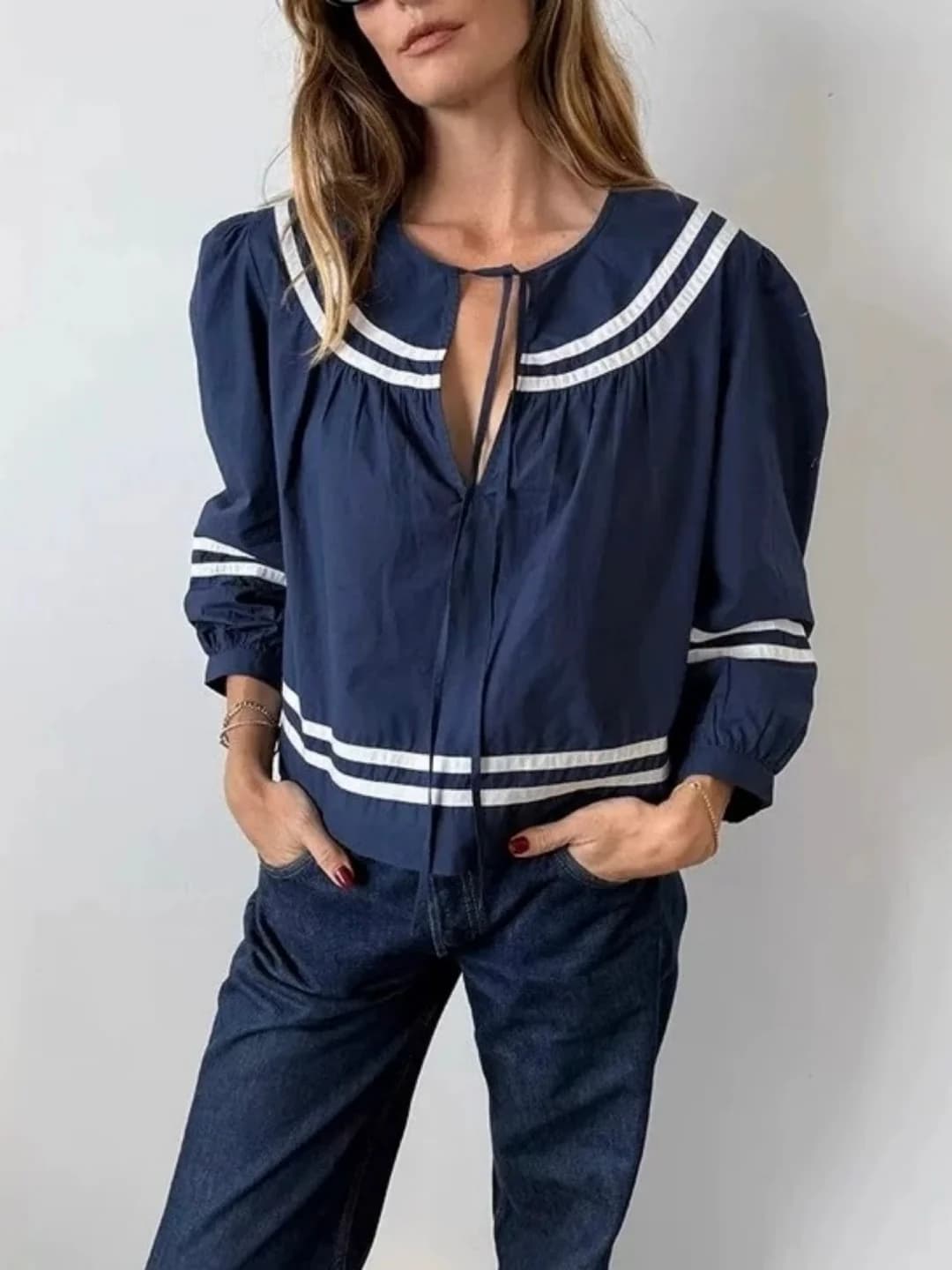 French Style Naval Academy Shirt Women's Spring Summer New Blue White Striped round Neck Belted Long Sleeve Top