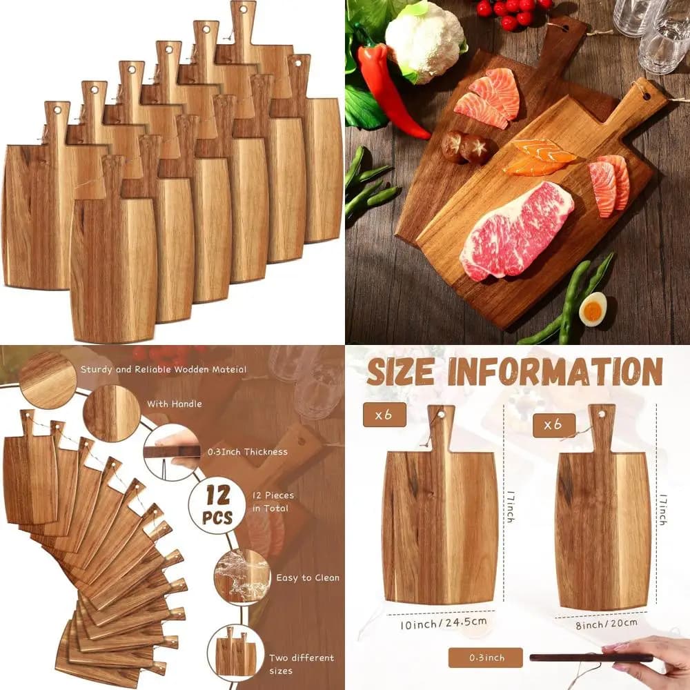 Set of 12 boards for acacia wood sausages with handles, engraved - perfect for cooking, cheese cut, mom's party, weddings, a