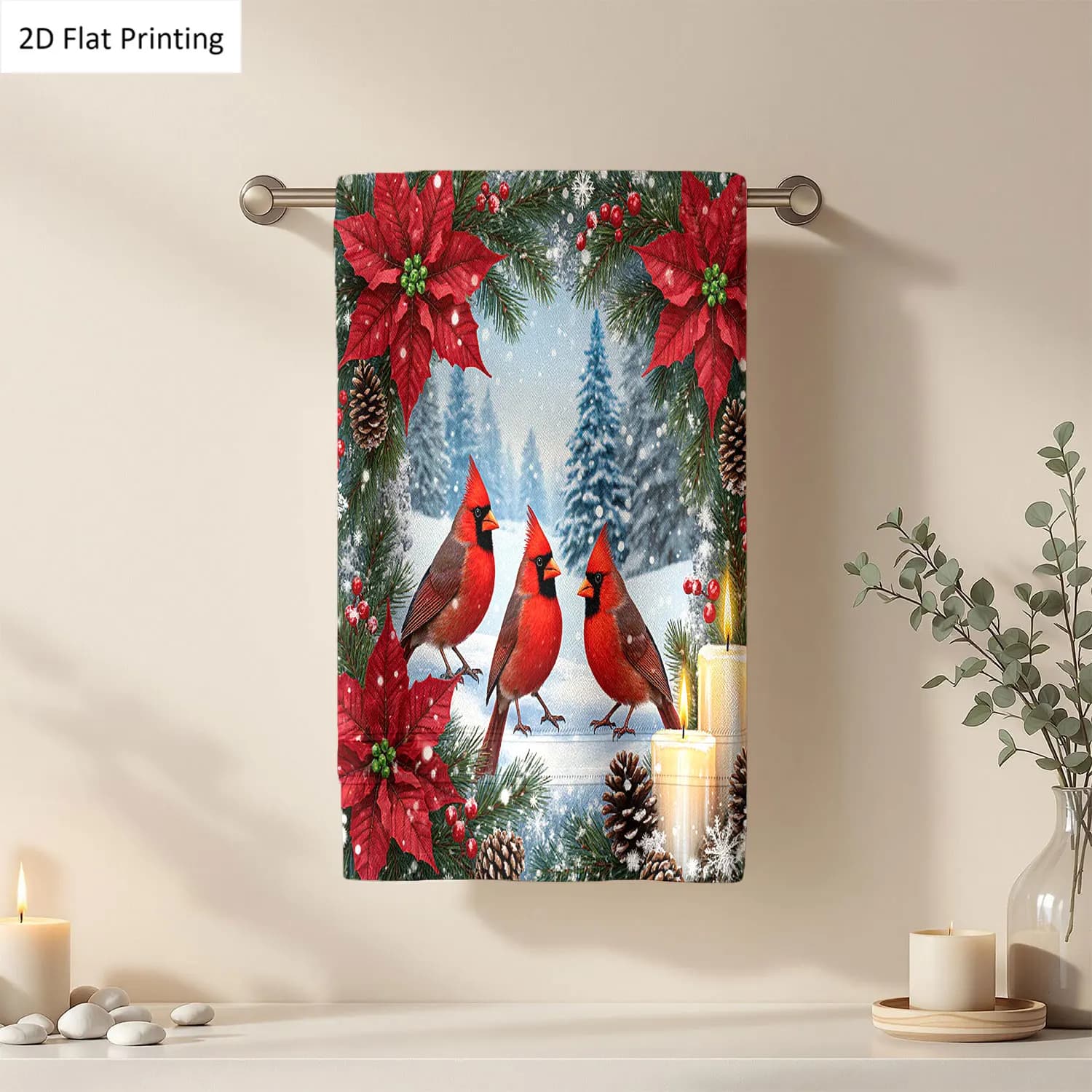 1 pezzo di asciugamano da bagno con decorazioni natalizie, poinsettia e coni di pino, in microfibra di poliestere, disponibile in diverse misure, asciugamano decorativo unico per la casa e la cucina, accessori decorativi per il bagno a tema natalizio, ad asciugatura rapida e assorbente.