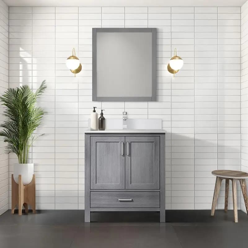 Vanity da bagno grigio invecchiato da 30" con piano in marmo coltivato da 22" D, set di rubinetti e specchio da 28" - Soluzione ideale per riporre il bagno