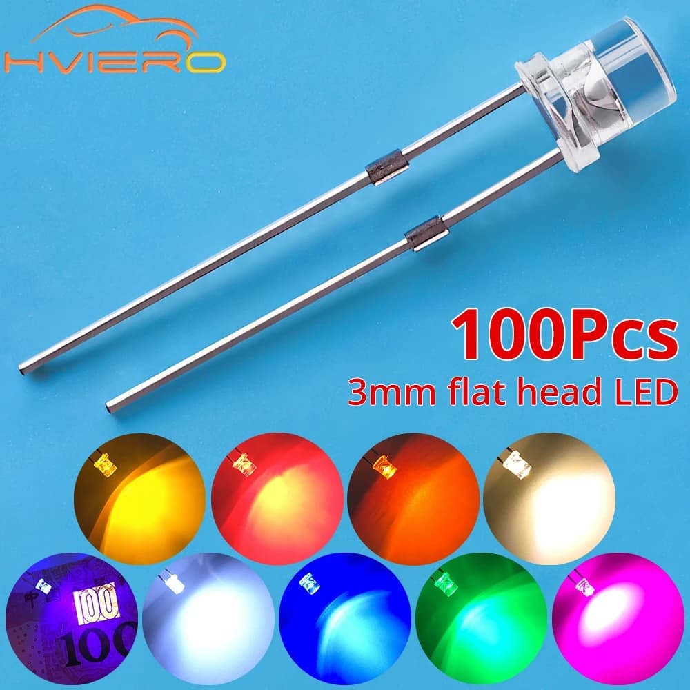 3mm 2pin 100 Pz F3 Piatto Bianco Rosso Giallo Blu Verde Rosa Diodo Led Grandangolo Diodi Emettitori di Luce Lampada Lampadine LED Ultra Luminose