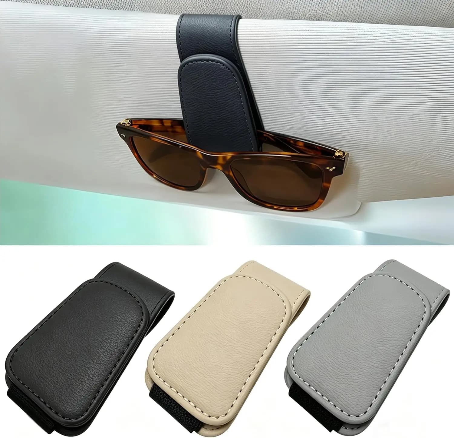 Supporto Magnetico per Occhiali da Sole per Visiera Auto, Clip in Pelle per Occhiali, Universale, 1 Pezzo Nero
