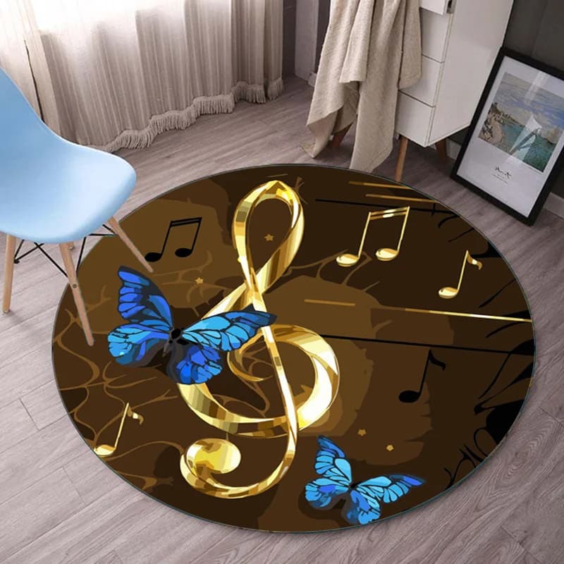 Chiave tripla dorata Farfalla blu RoundRugPlushApetino da pavimento Decorazione della stanza della musica Strumento classicoArtisticDesignCarpetMusicThemeRug