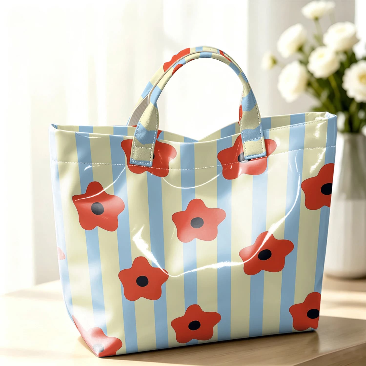 Yellow Blue Red Flowers Fashion Large Glossy PVC Tote Bag Hand Washable Waterproof Travel Commute Cosmetic Storage Shopper