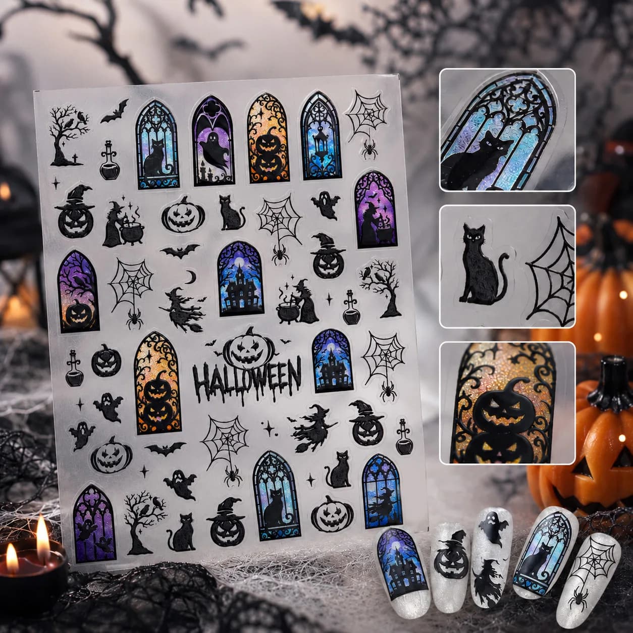 Halloween Gothic Arch Stained Window Cat Ghost Old Castle Pumpkin Cauldron Withered Tree Spider Web Bat Nail Sticker Manicure