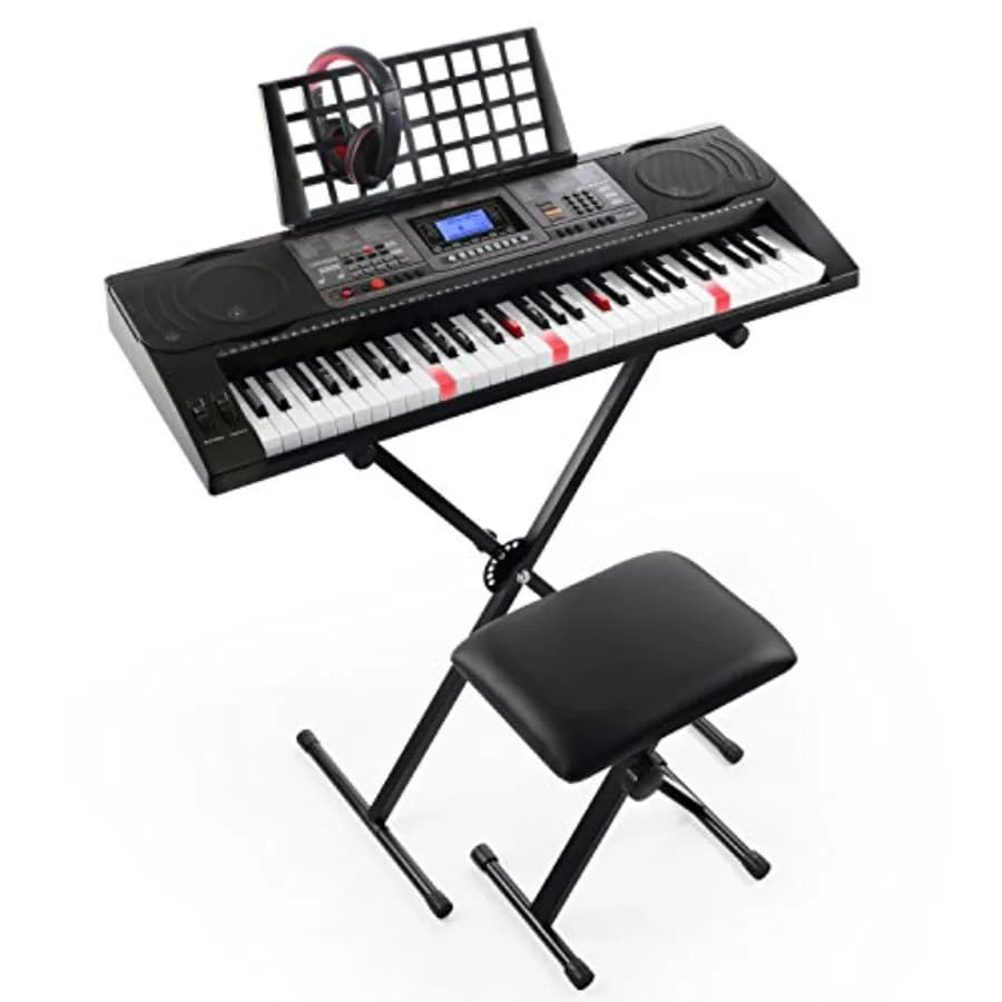 61-Key Lighted Touch Sensitive USB-MIDI Keyboard Kit for Home Practice, ABS Plastic, Black, Includes Stand Stool Headphone Powe