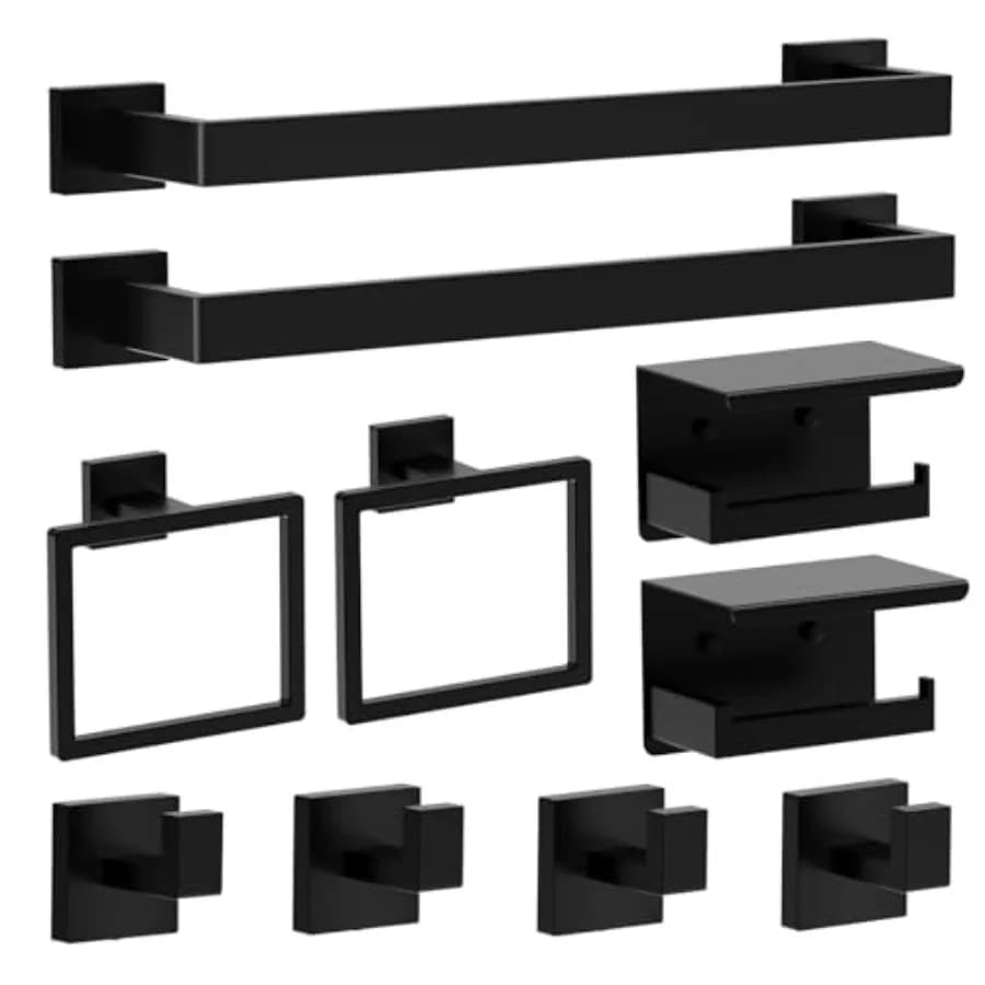 Set di Accessori per Bagno in Acciaio Inox Nero Opaco, 10 Pezzi con Doppi Portasciugamani e 2 Portarotoli di Carta Igienica