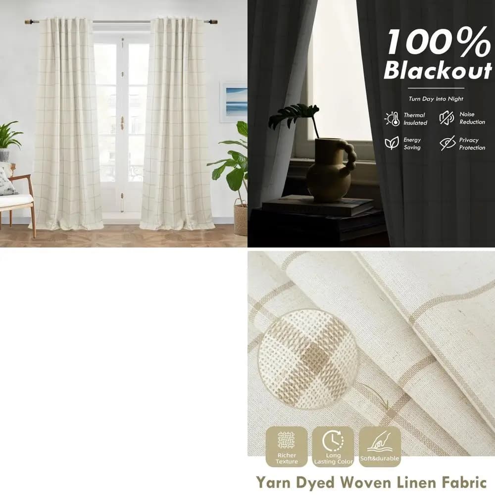 Thermal Insulating Linen Curtains, Double Layer, Lengths 84 Inches, Plaid Taupe for Living Room and Bedroom