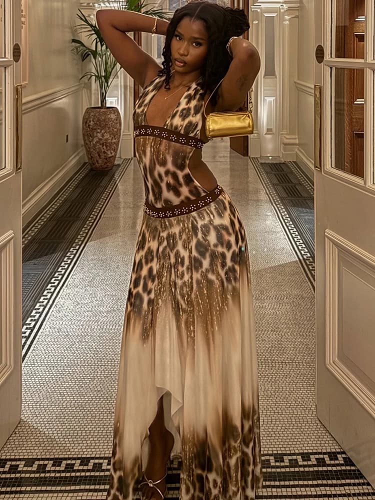 Abito Estivo Nibber con Stampa Leopardata, Vestito da Donna con Spalline, Scollo Basso, Schiena Scoperta, Senza Maniche, Stile Midnight Club Party