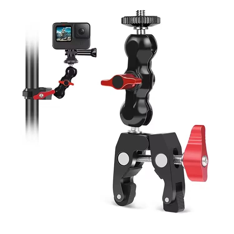 Morsetto a braccio magico multifunzione con fori da 1/4 e 3/8 pollici, super morsetto a testa sferica per treppiede, supporto per fotocamera, monitor, luce LED, microfono
