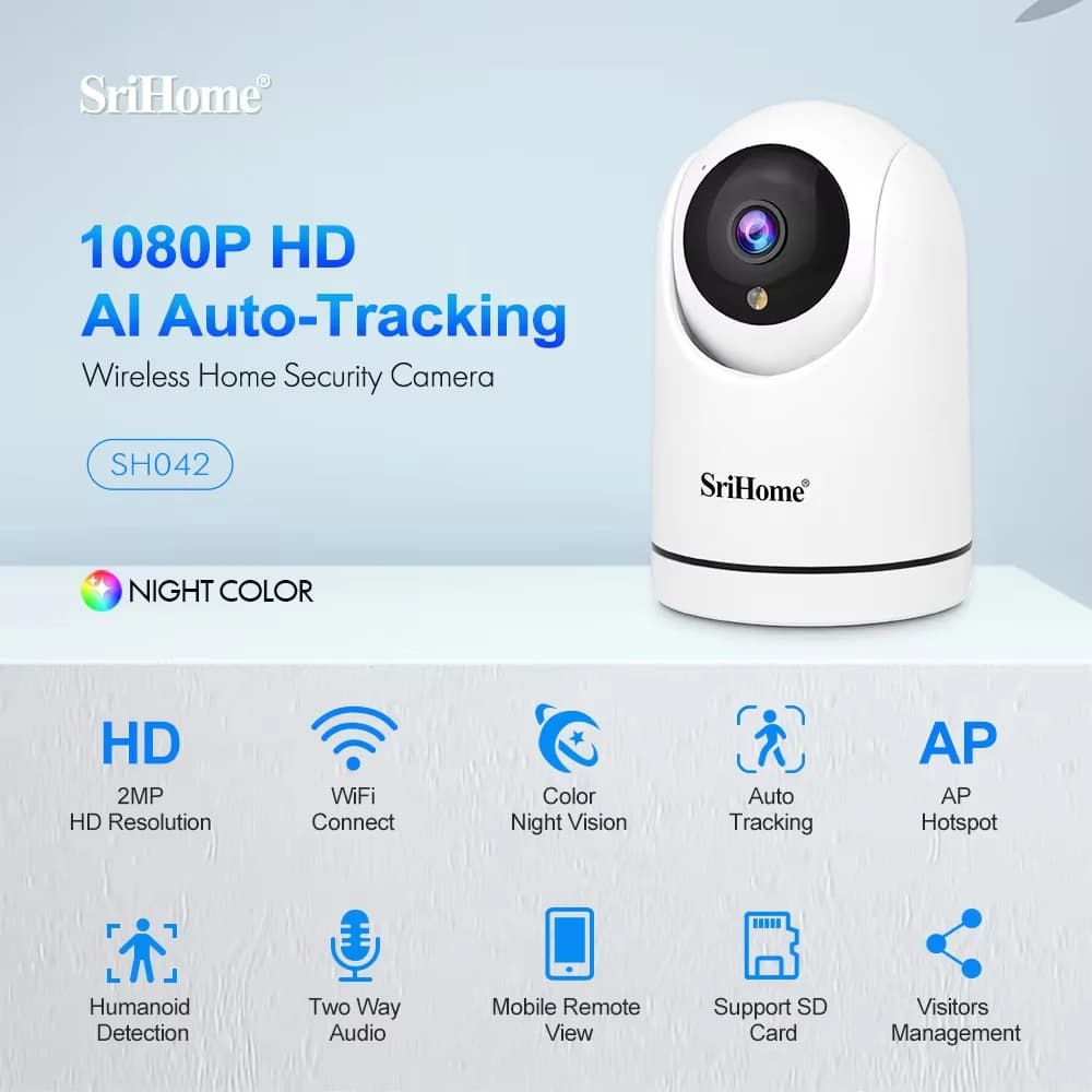SriHome 1080P 2.4GWiFi protezione di sicurezza Audio bidirezionale Indoor Pet Baby Monitor Telecamera domestica Rilevazione movimento IP SH042