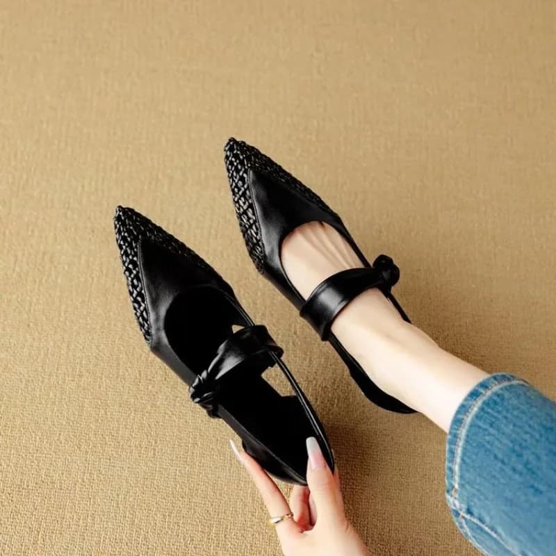 Women's Mary Jane Shoes Pointed Toe Low Sculptural Heel Woven-Look Detail Instep Strap Cutout Elegant Office Dress Footwear
