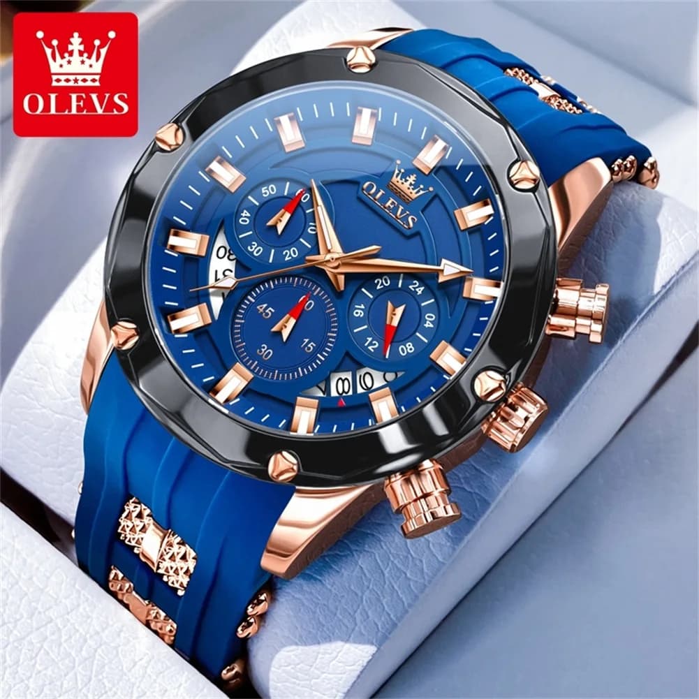 OLEVS men's watches Fashionable men's quartz watches Sports wristwatch with blue hand-lit rubber strap Relogio Masculino