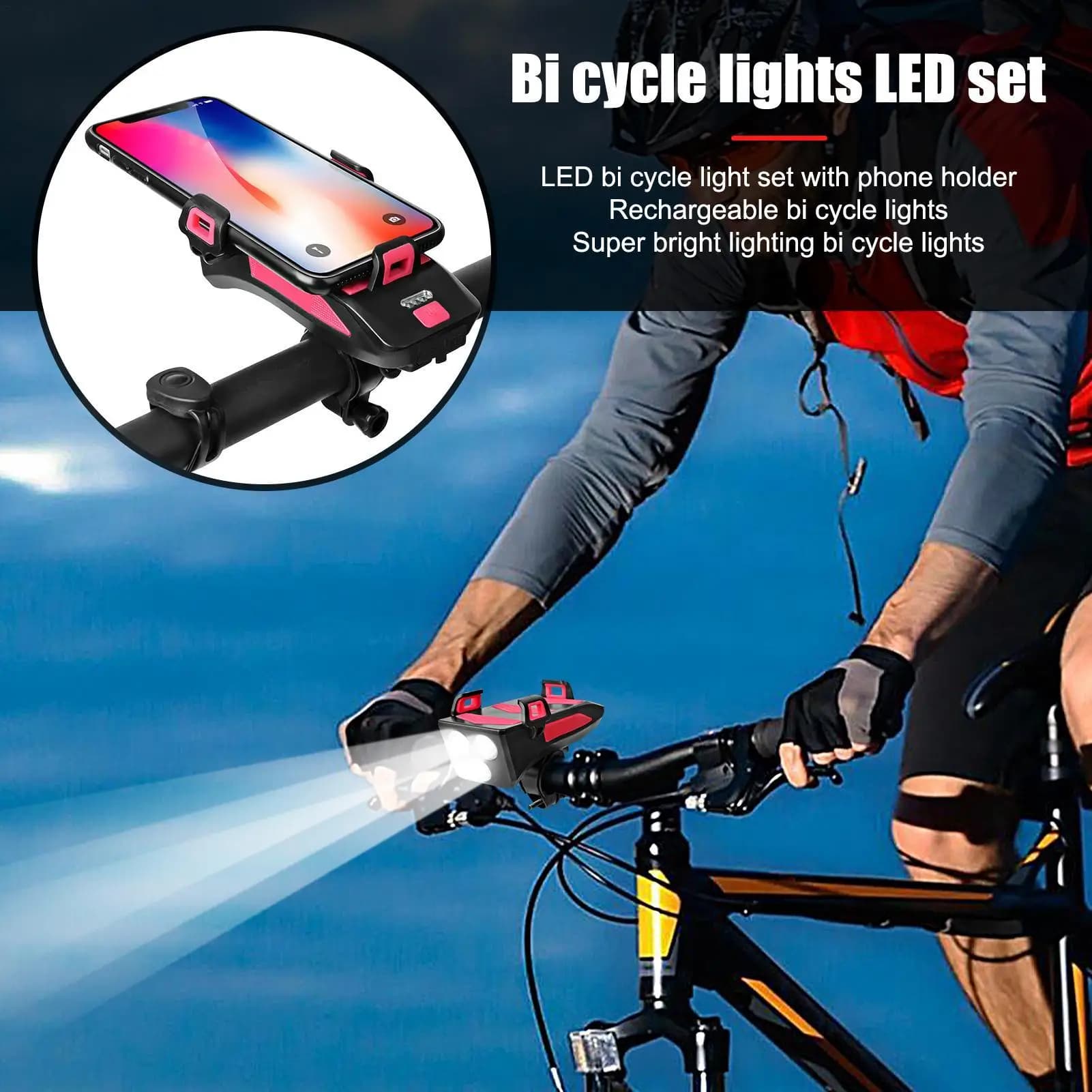 Luci per bici che guidano di notte Luci per bici impermeabili ricaricabili tramite USB con supporto per telefono Forniture per esterni per la guida notturna