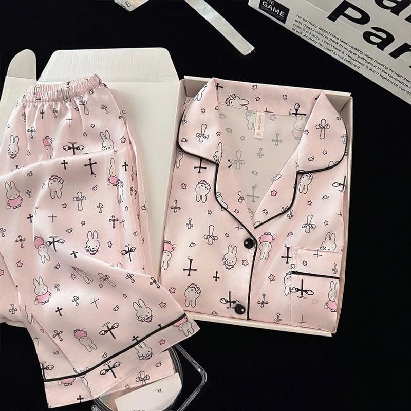 Cartoon Kawaii Miffy Pajamas Woman Autumn New Style with Chest Pad Turndown Collar Long-sleeved Trousers Suit Household Clothes