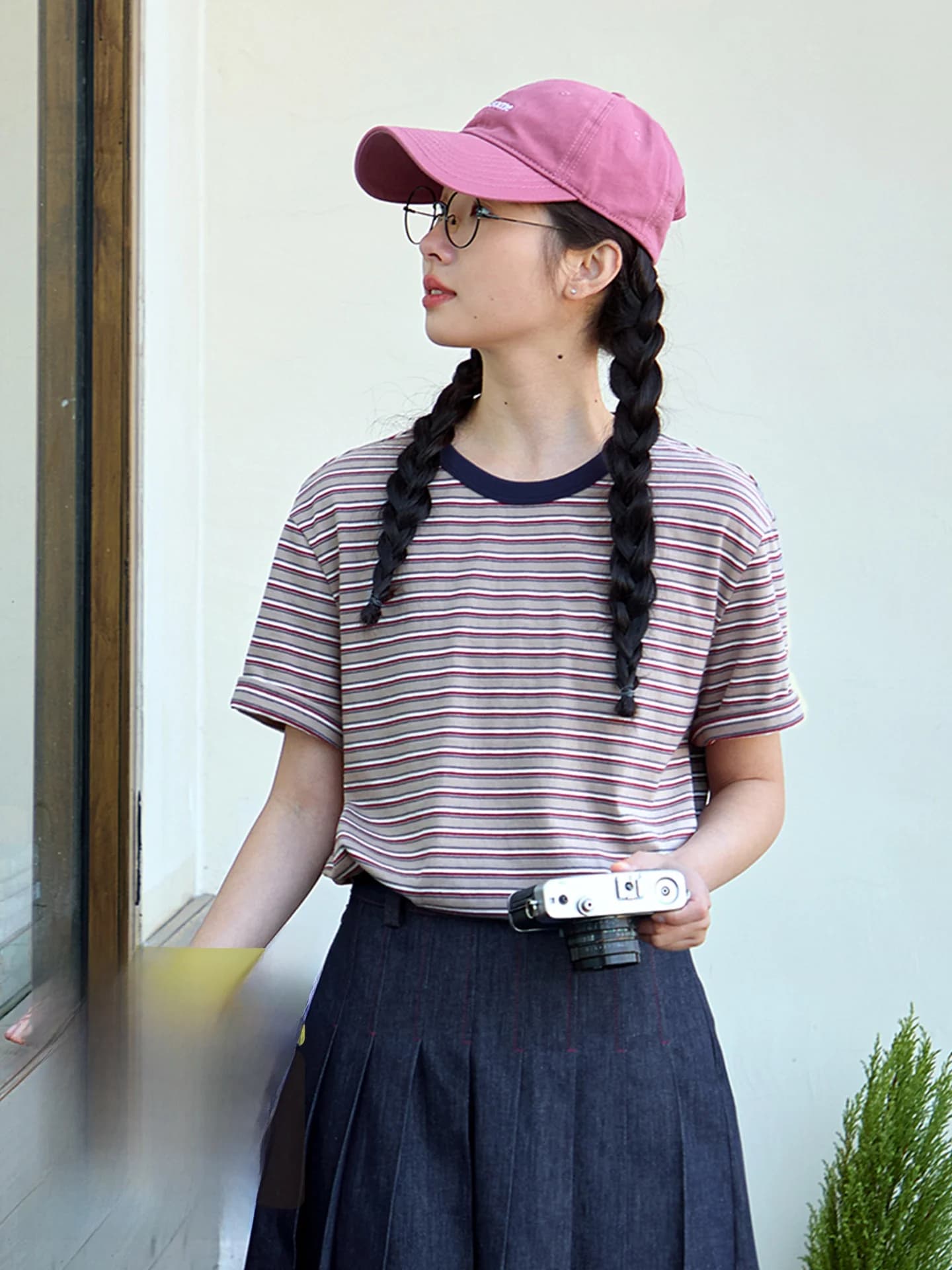 Loose Casual Cotton Striped T-shirt Women's Summer Short Sleeve round Neck Original Japanese Style Pure Cotton Breathable Top