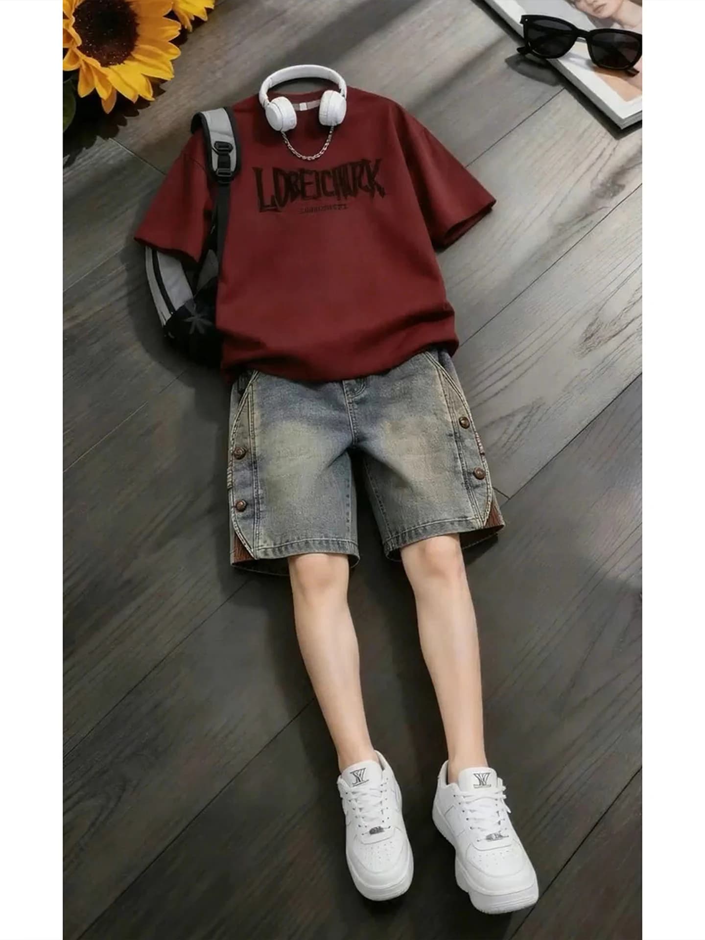 Completo Estivo da Uomo: T-Shirt Rossa con Stampa American High Street a Maniche Corte e Pantaloncini in Denim con Bottoni - Set Casual Sportivo