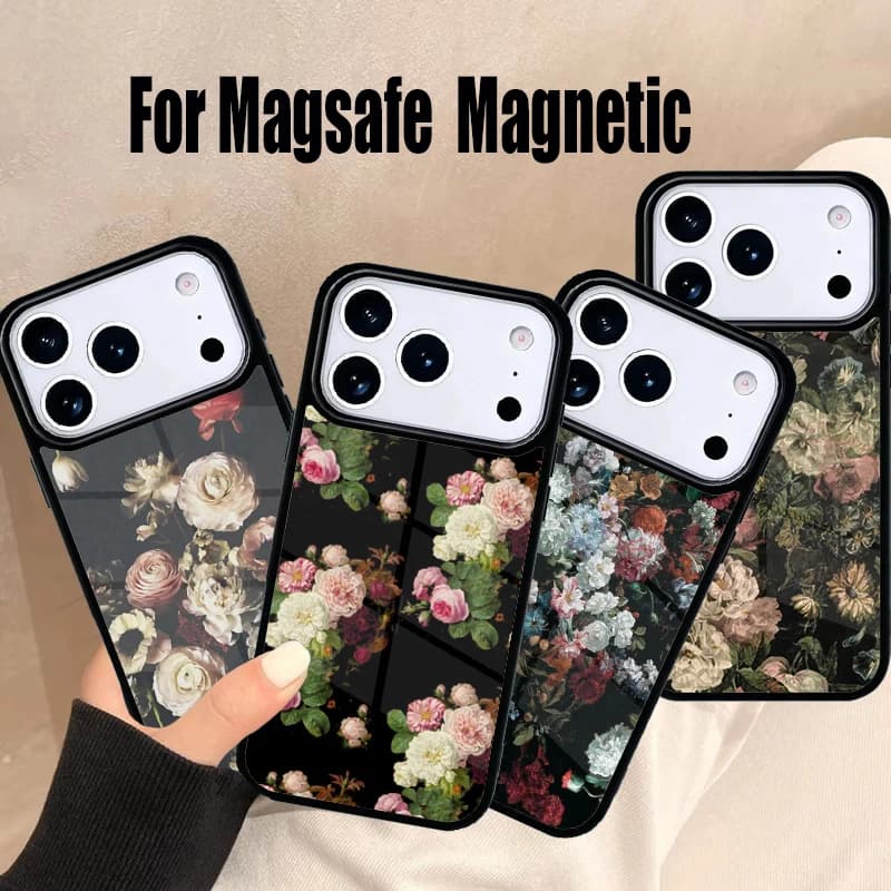 Cover Magnetica Wireless Magsafe Midnight Garden con Motivi Floreali per iPhone 17 Air 16e 15 14 13 12 11 Pro Max Plus