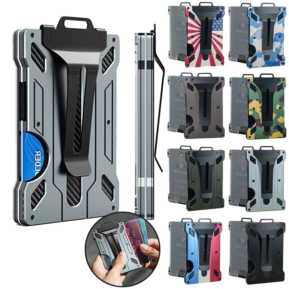 Portafoglio da uomo sottile in alluminio con fermasoldi in metallo, 1 finestra trasparente per porta badge identificativo, blocco RFID, contiene fino a 15 carte con clip per contanti