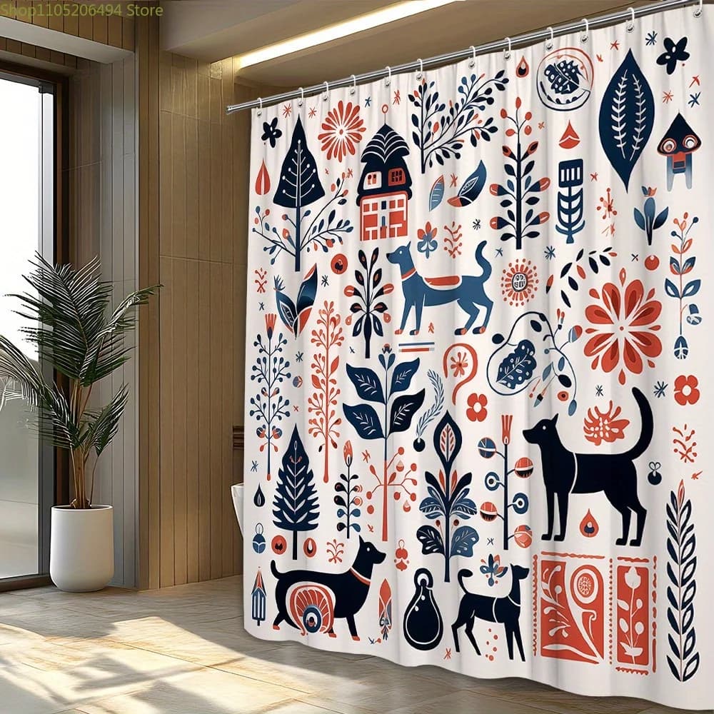 1 tenda da doccia in poliestere di ispirazione nordica, con cani blu e neri fantasiosi e forme geometriche, lavabile in lavatrice, alla moda.
