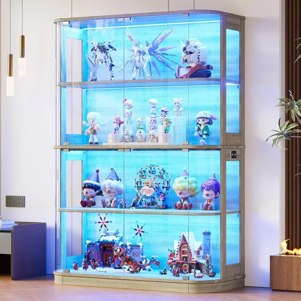 47.2 Glass-Door 4-Tier Display Cabinet with LED Lights and Human Body Sensor for Collectibles