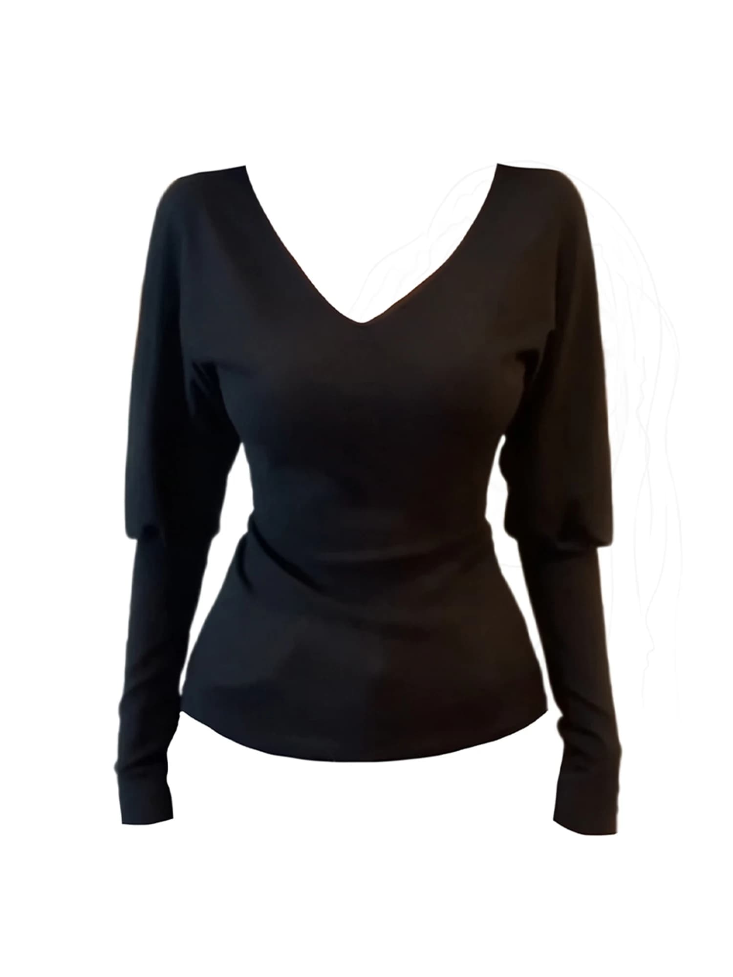 Women Black Gothic Emo V-Neck T-shirt Y2k Gyaru Tee Top 2000s Aesthetic Vintage Long Sleeve Knit T-shirts Clothes Spring Autumn