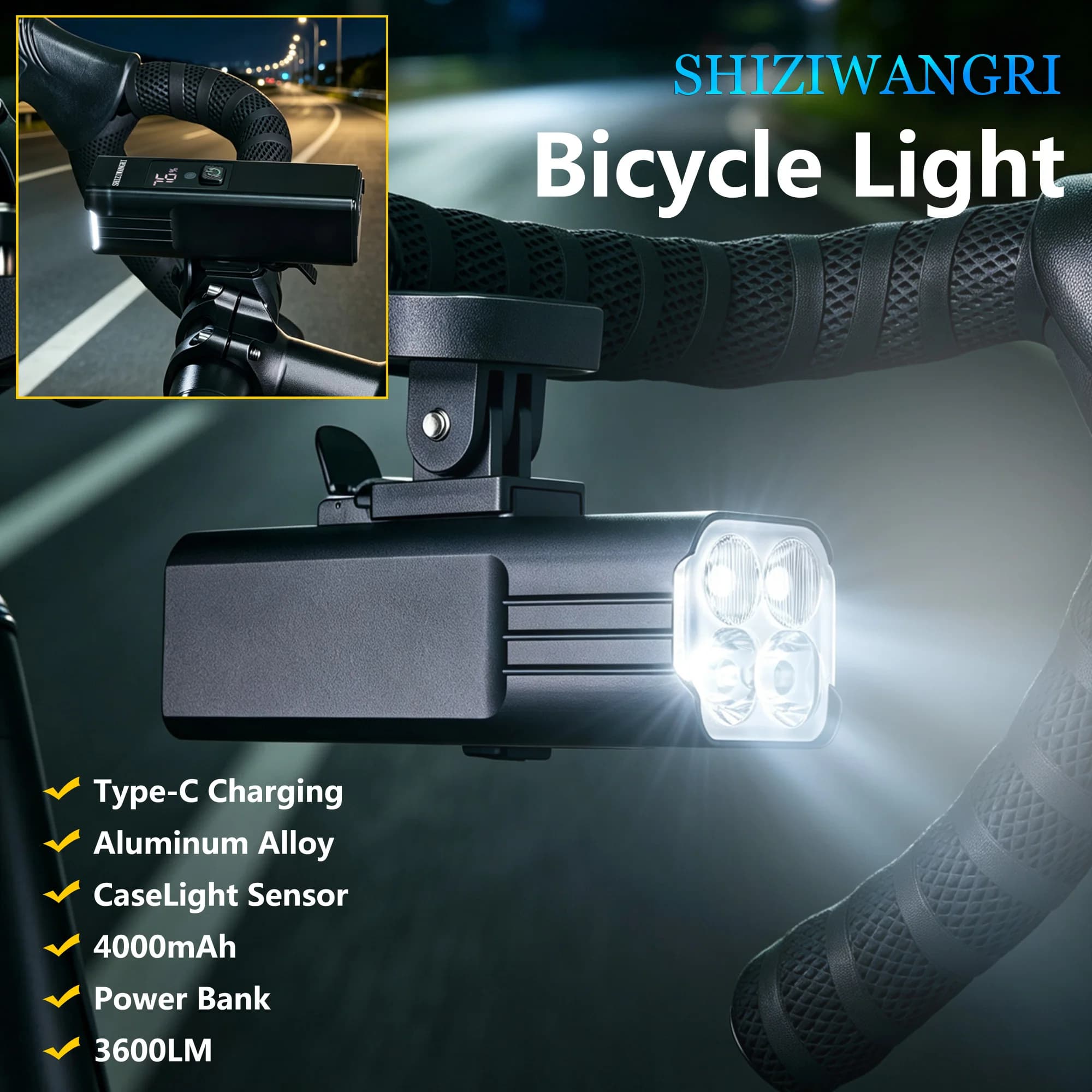 SHIZIWANGRI Light Sensor Bicycle Light 3600LM 4000mAh Type-C Rechargeable Front Light Aluminum Alloy 5 Modes, Mobile Power Bank