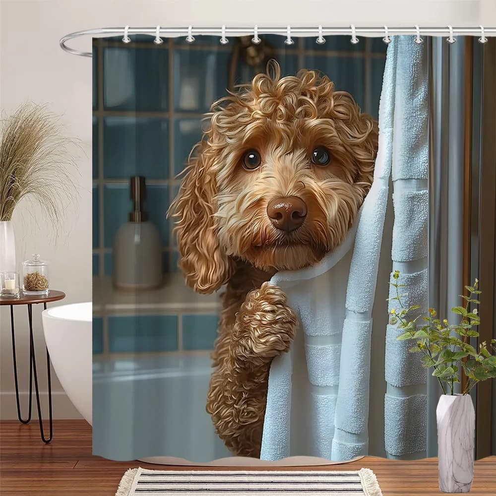 Adorabile tenda da doccia con disegno di cucciolo di barboncino - Design creativo e realistico di cane - Tenda da bagno artistica per interni e decorazioni per il bagno di casa