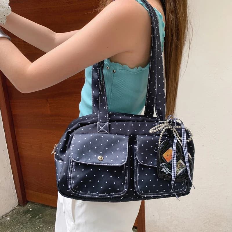 Fashion Star Polka Dot Print Shoulder Bag,Large Capacity Multi-pocket Casual Texture Tote,Niche Design Travel Handbag Pillow Bag