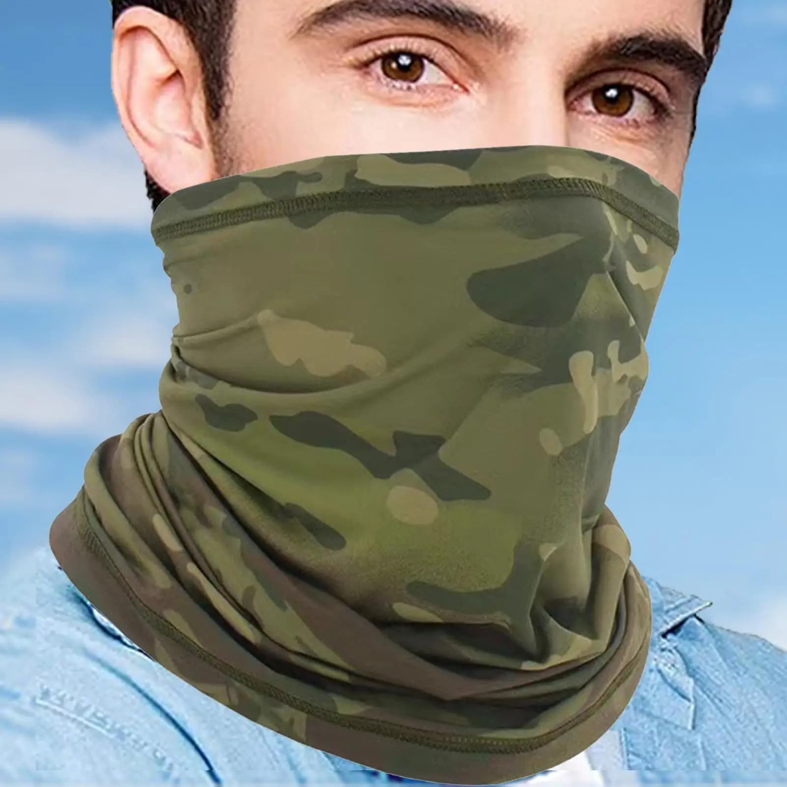 Faceband with UV protection, soft neck cover with mimetic print, sun and wind resistant, breathable, for man, for skiing