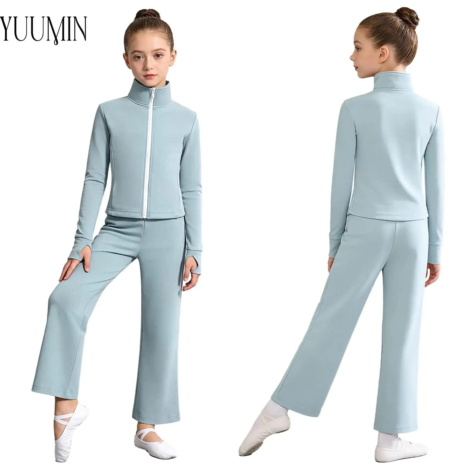Kids Girls Fleece Gymnastics Figure Ice Skating Dance Practice Warm-Up Outfits Sports Thumbholes Long Sleeves Jacket with Pants