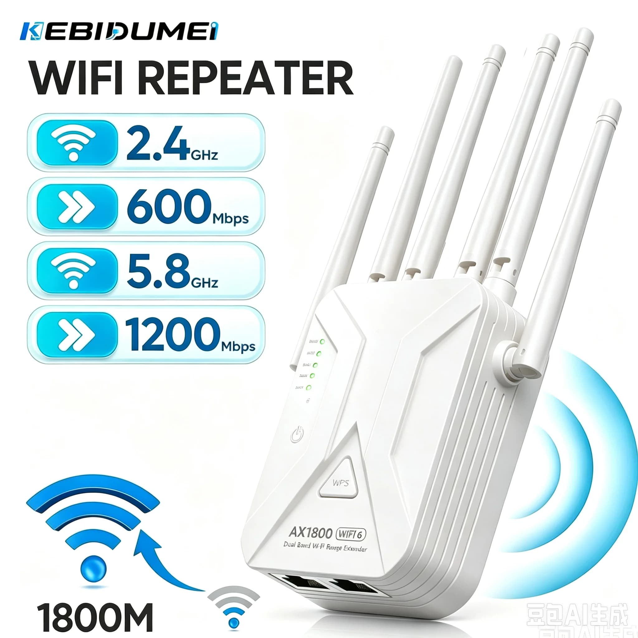 KEBIDUMEI 1800Mbps WIFI6 Repeater Dual Band 2.4Ghz 5GHz Extender Wi-Fi Amplifier High Gain 6 Antenna Wi-Fi Booster Range Signal