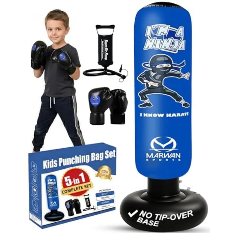 Set Sacco da Boxe Gonfiabile 5-in-1 con Guanti, Pompa e Imbuto, Sacco da Boxe Gonfiabile da 63 Pollici per 4-12 Anni, Base Impermeabile in PVC Resistente a Rapido Rimbalzo