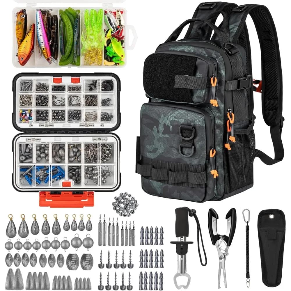 Kit Completo da Pesca con Zaino, Scatola Porta Attrezzi, Esche, Ami, Piombi, Pinze, Pinza per Pesci, Regalo per Uomini