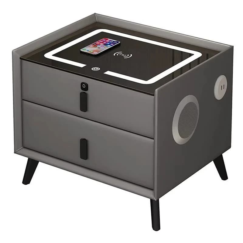 Comodino Smart con Serratura a Impronta Digitale, Luce LED, Caricatore Wireless USB e Altoparlante - Set Arredamento Moderno per Camera da Letto