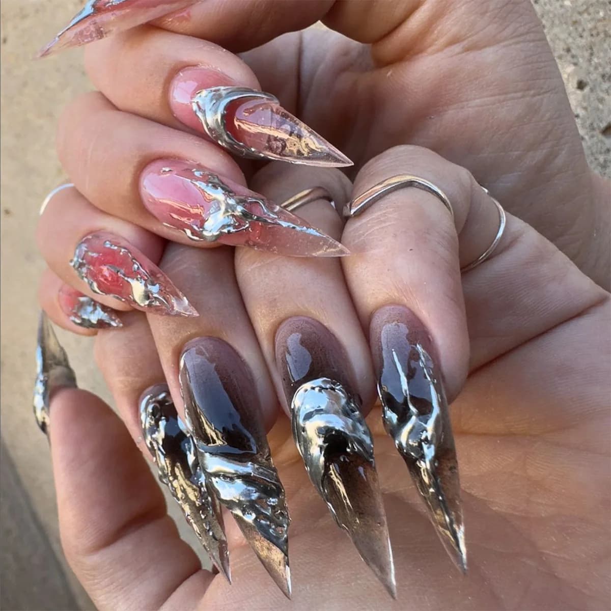 24 pezzi lungo stiletto dolce fresco francese staccabile manicure design irregolare con motivo a nastro adesivo set di unghie finte per Spice Girl