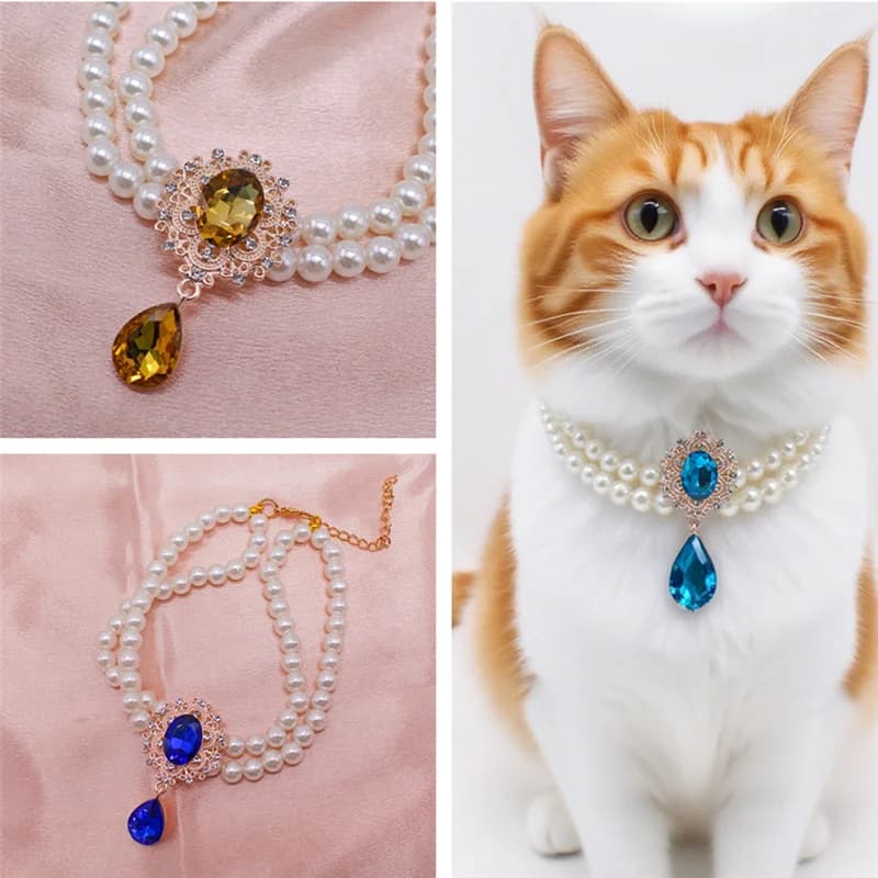 Collana di perle a doppio strato regolabile stile principessa per cani e gatti con ornamento per collo di animali domestici con pendente in pietra preziosa