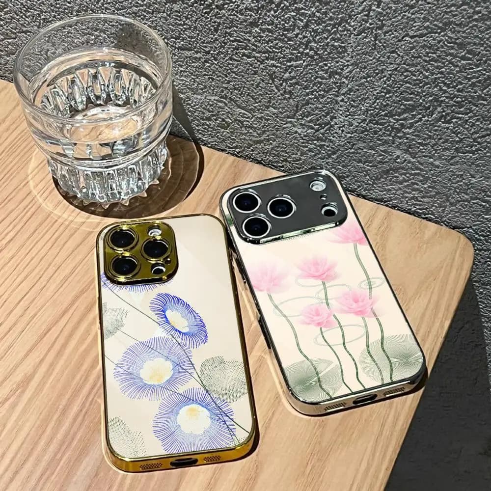 Custodia per telefono con foglie verdi di loto rosa inchiostro per iPhone 17 16 15 14 13 12 Pro Max Plus, custodia antiurto con paraurti in metallo galvanizzato