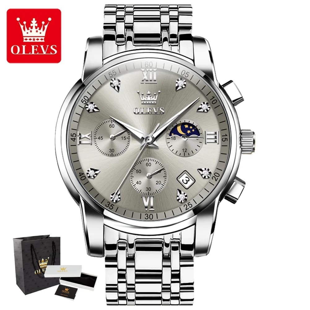 OLEVS 2858 Men's quartz watch Classic three-eyed chronograph dial small 24 hours Lunar phase Luxury original men's watches Gifts