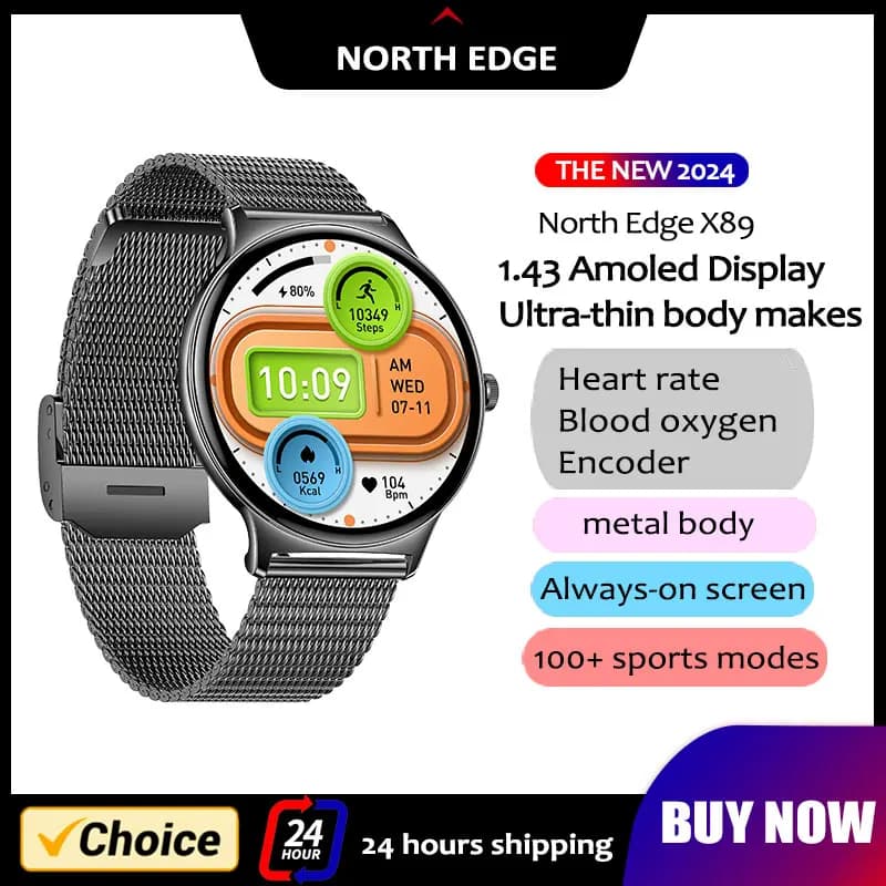 NORTH EDGE Nuovo Ultra Sottile Uomini Astuto Della Vigilanza Delle Donne 1.43 "AMOLED HD Display Dello Schermo Mostra Sempre Il Tempo di Promemoria Chiamata Smartwatch