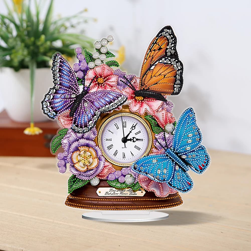Kit di Pittura Diamantata con Orologio a Farfalla da Tavolo per Adulti, Kit Fai-da-Te per Decorazioni da Scrivania a Forma di Pane e Cibo