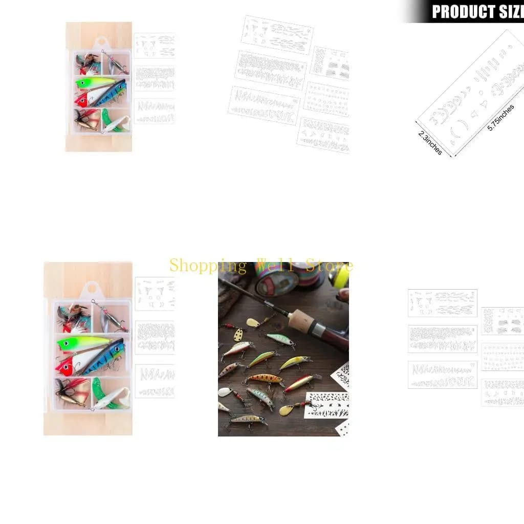 KX4B 6Pcs Hollowed Fishing Lure Stencils Washable PVC Drawing Templates for Scrapbooking Painting Wall Art Home Decoration