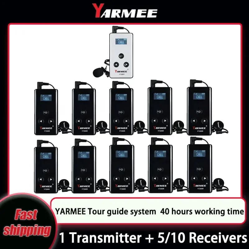 YARMEE Sistema di guida turistica wireless Trasmettitore portatile + Ricevitori da 5/10 pezzi con microfono Auricolare per viaggiare Umrah Hajj
