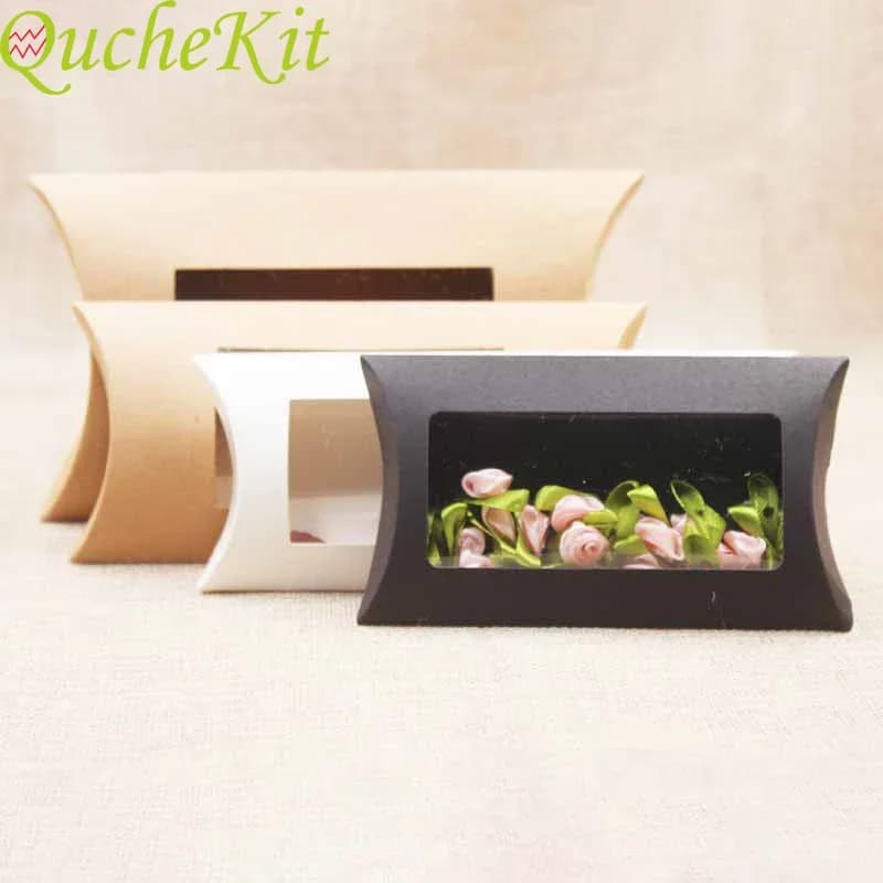 Scatola regalo in carta kraft fai-da-te Scatola per imballaggio a forma di cuscino con finestra trasparente Bomboniera per matrimoni Biscotti per feste Scatola per sacchetti di caramelle Decorazione della casa
