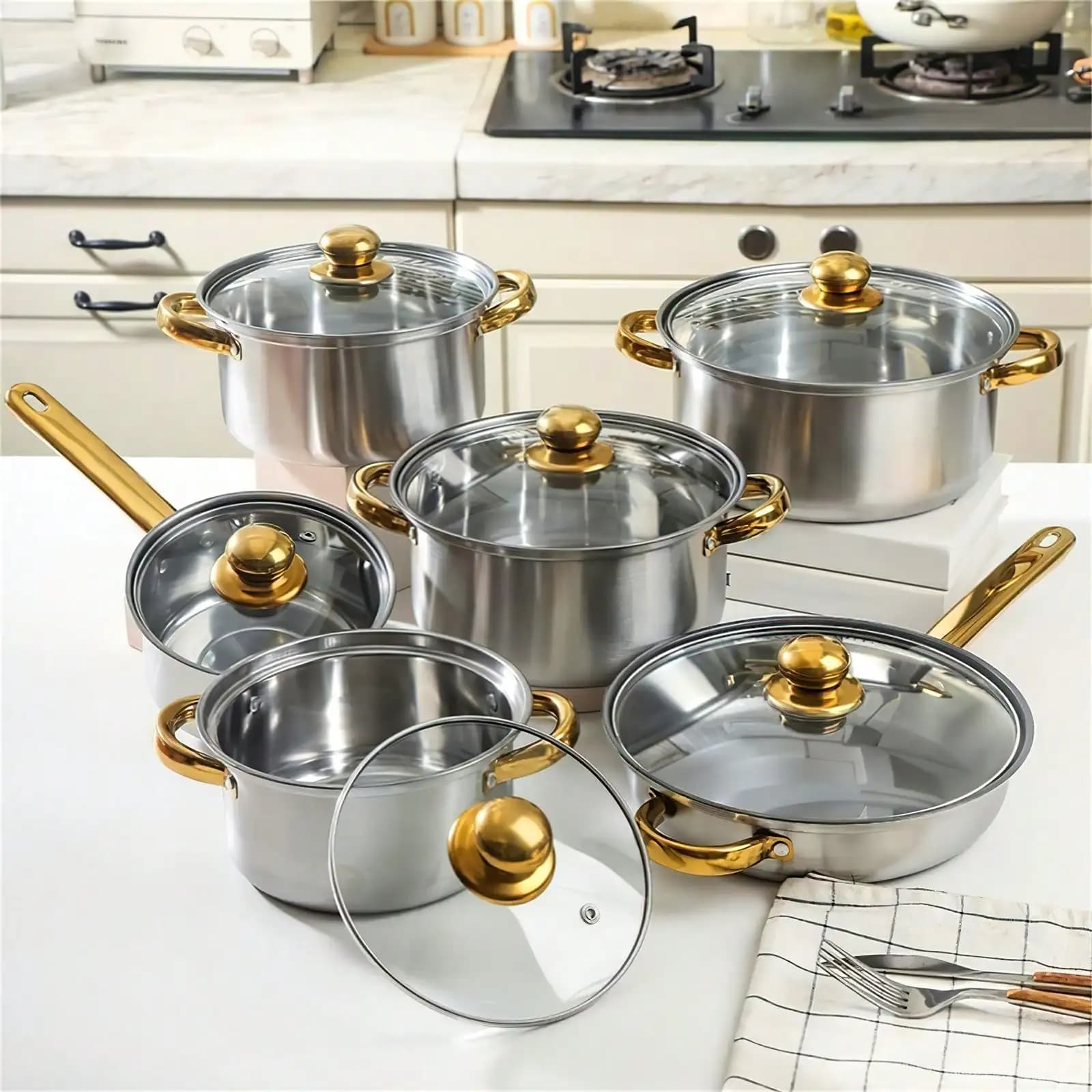 Set di pentole e padelle in acciaio inossidabile da 12 pezzi, set di pentole professionali con manico dorato, padella facile da friggere resistente al calore