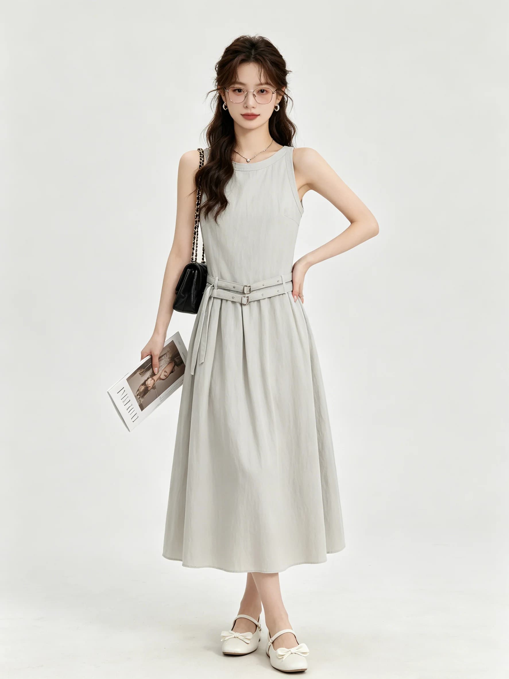 Elegant Korean Style Sleeveless Vest Dress Grey A-Line Skirt Slimming Waist Design Comfortable Breathable Summer Dress