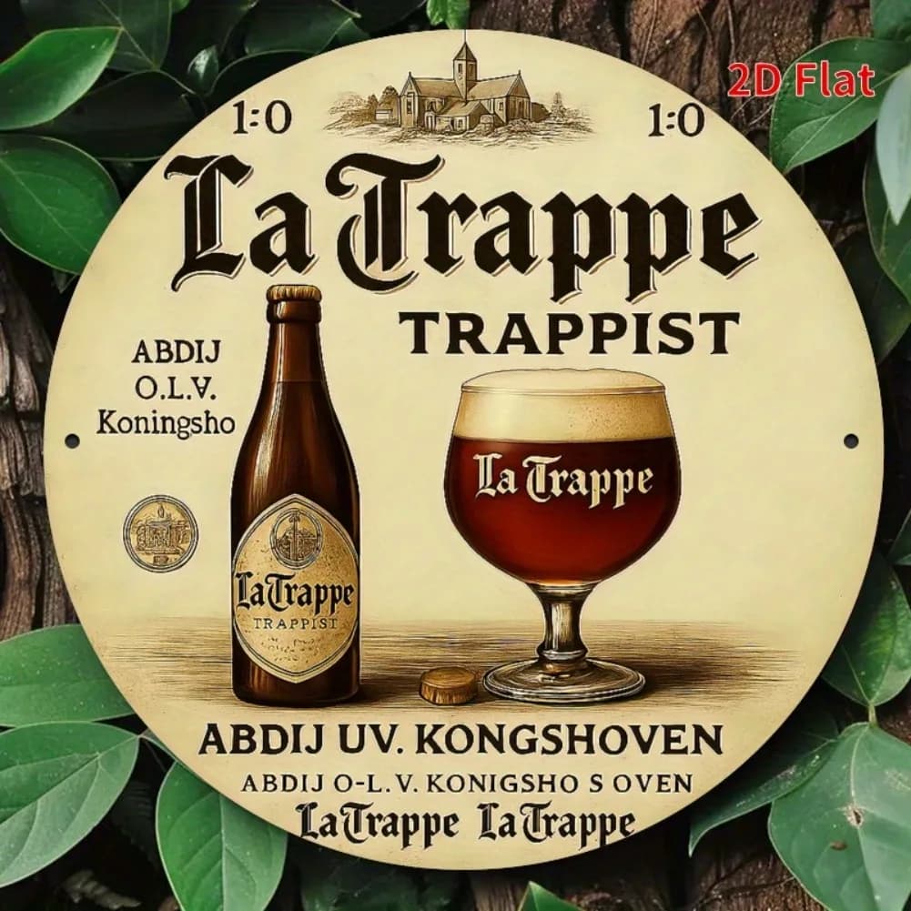 Targa in metallo 2D piatta, vintage La Trappe Trappist Beer - Arte da parete rotonda in ferro da 7,8 pollici con bottiglia Ambra Ale e design in vetro