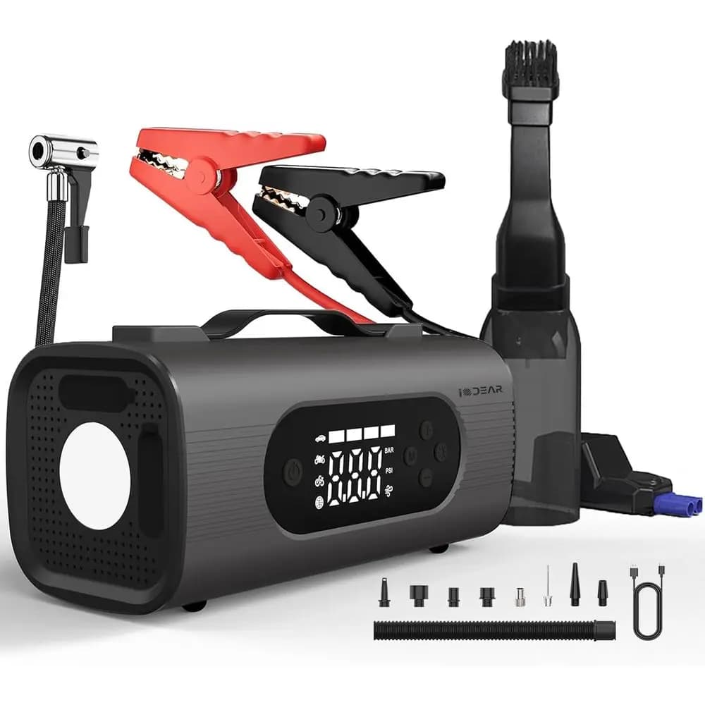 Aspirapolvere per Auto e Avviatore d'Emergenza con Compressore d'Aria, Gonfiatore Pneumatici Portatile Senza Fili, Pompa 150PSI, Avviatore d'Emergenza 8-in-1 Portatile
