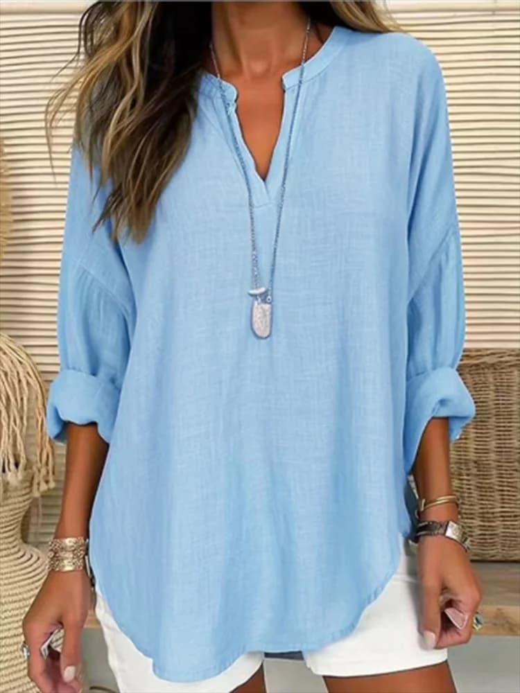 T-shirt con scollo a V a maniche lunghe allentata casual da donna Moda autunnale Elegante top blu Abiti da lavoro da donna da ufficio